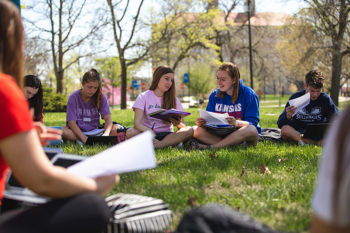 KU Students Learning on campus outdoors