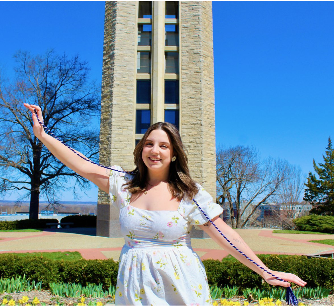 Kate Jacobs in front of the campanile.