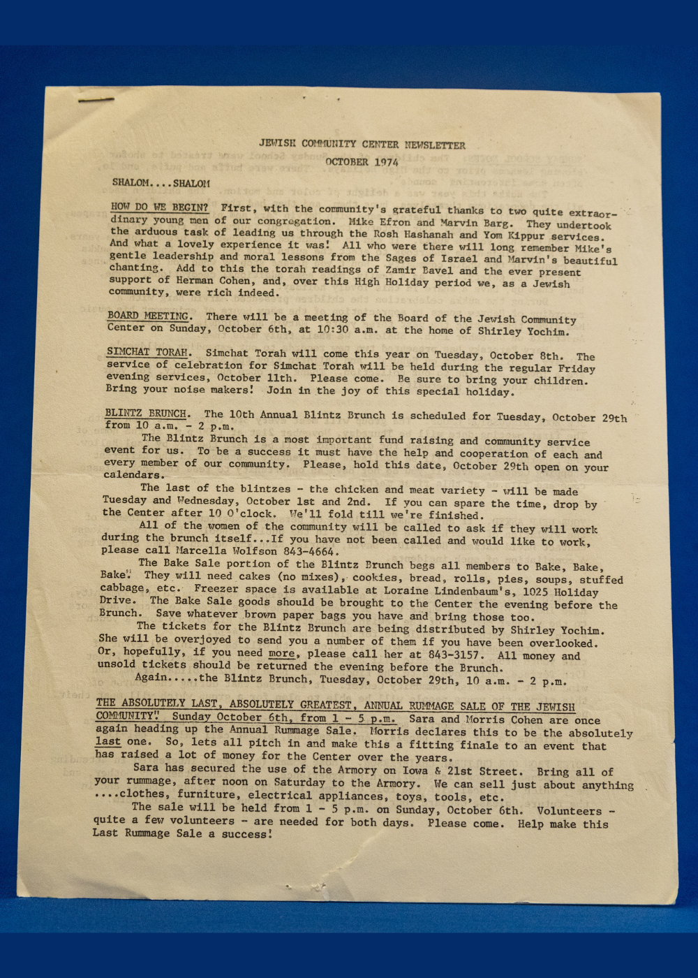 Typed Jewish Community Center newsletter from October 1974