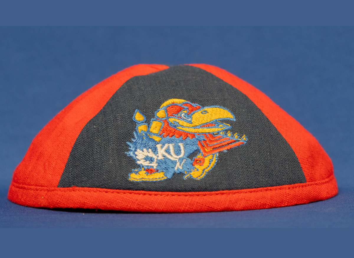 Red and blue kippah with a KU jayhawk