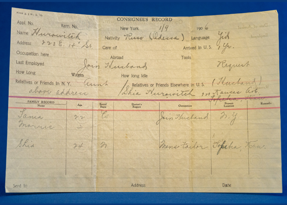 slightly transparent paper form labeled consignees record with handwritten text listing name and address