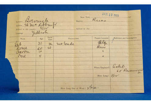 cream paper form with a torn edge, with columns for name, age, social state, occupation, present location, and reference