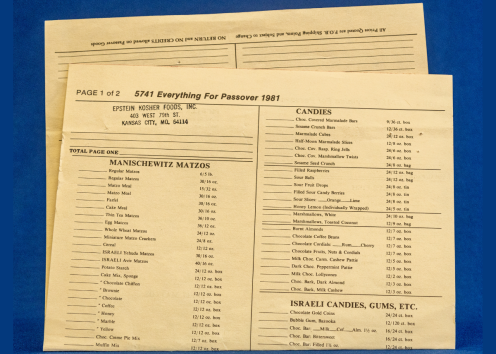 Epstein Kosher Foods order form, with two columns of items and price per item listed